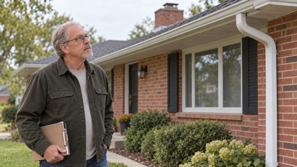 Ray Dellinger standing outside a brick ranch house, looking up at the gutter line with a clipboard under his arm.