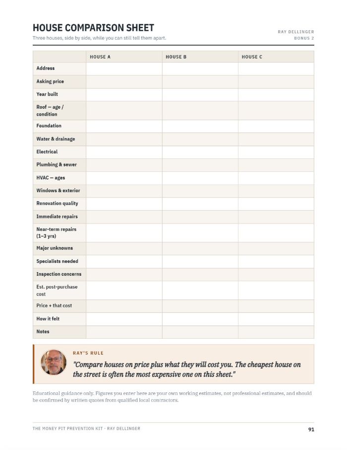 The House Comparison Sheet, comparing three properties side by side.