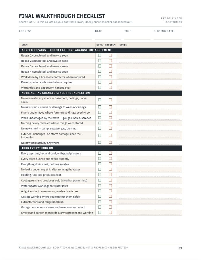 The Final Walkthrough Checklist with done and problem columns.