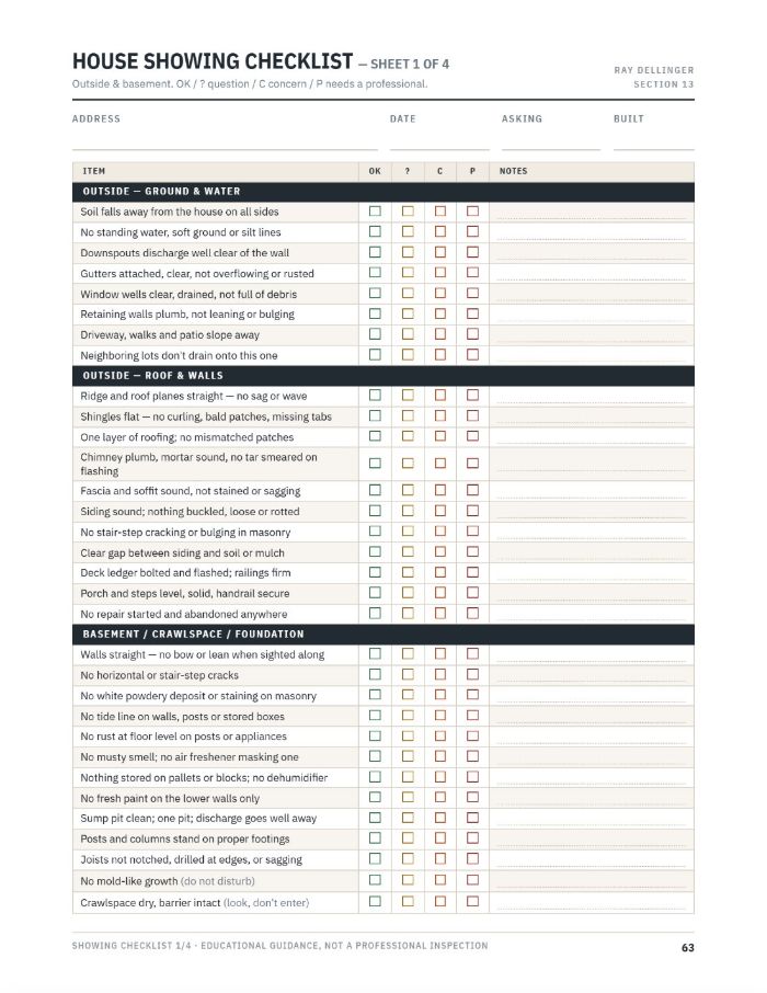 The House Showing Checklist page, with checkbox columns and note lines.